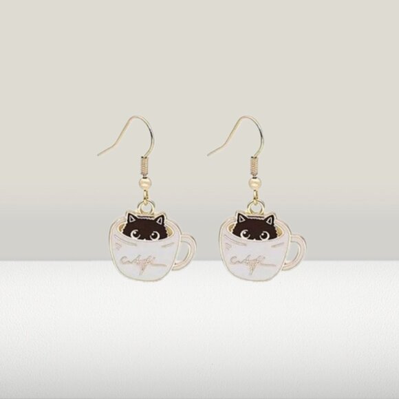 Cats and Coffee Dangle Earrings in Coffee Tea Cup White Black 1.57"  Drop New - Picture 3 of 14